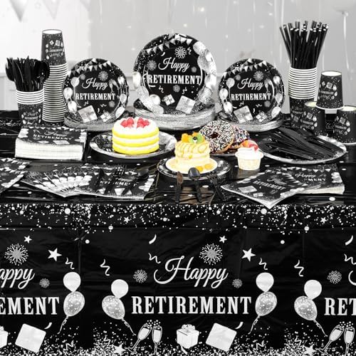 Funnymoom 452 Pcs Retirement Party Decorations Supplies Set Include Black and Silver Retirement Paper Plates Napkins Cups Tablecloth Cutlery Straws for Men Women Say Goodbye Party - Image 4