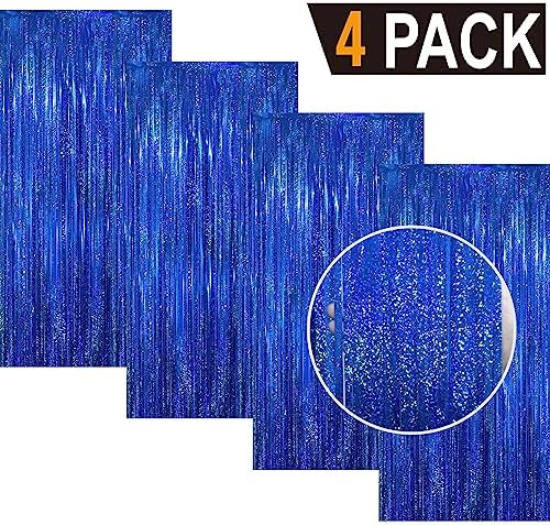 GOER 3.2 ft x 8.2 ft Metallic Tinsel Foil Fringe Curtains Party Photo Backdrop Party Streamers for Birthday,Graduation,New Year Eve Decorations Wedding Decor(4 Packs,Shiny Blue) - Image 2