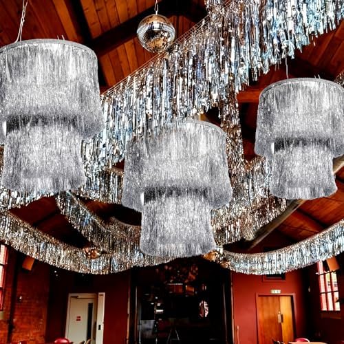 Hahafelt Silver 6 Pcs 1920s Party Decor 2 Tier Fringe Tinsel Chandelier - Image 5