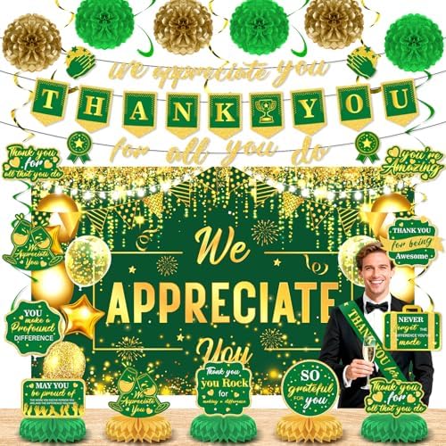 We Appreciate You Party Decorations Green Gold Thank You for All You Do Banner Honeycomb Centerpieces Hanging Swirls for Office Employee Pastor Teacher Doctor Labor Day Boss Appreciation Party Decor by Wayyogh