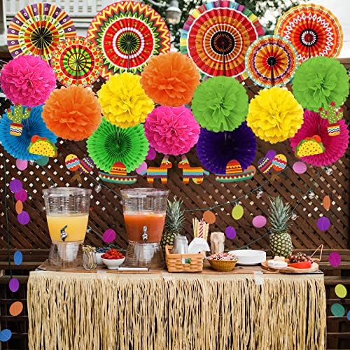ZERODECO Mexican Party Decorations, 21 Pcs Multi-color Paper Fans, Pom Poms Flowers for Mexican Fiesta Cinco De Mayo Taco Themed Birthday Party Supplies - Image 6