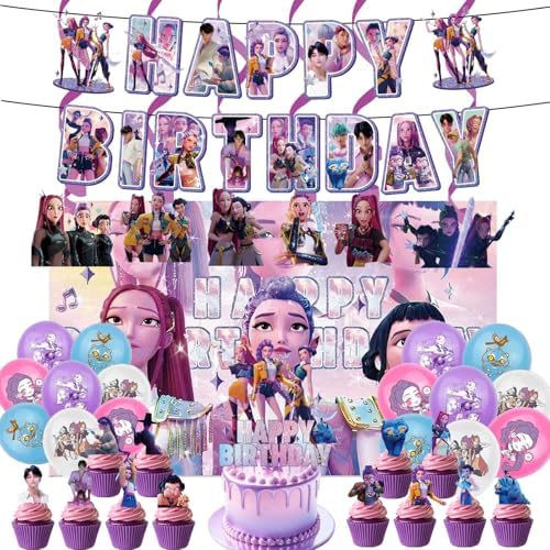 Demon Movie Hunters Birthday Decorations, Cute Party Supplies Set Include Banner, Balloons, Backdrop, Hanging Swirls, Cake Topper, Cake Cupcake Toppers for Boys Girls Cartoon Theme Party by Unknown