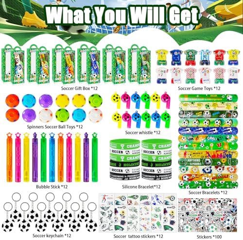 208Pcs Soccer Party Favors for Kids Boys, 12 Guests Goodie Bag Fillers with Rotatable Finger Stress Toys Whistles Bracelet Keychain Sticker for Birthday Party, Classroom Rewards & Return Gifts - Image 3