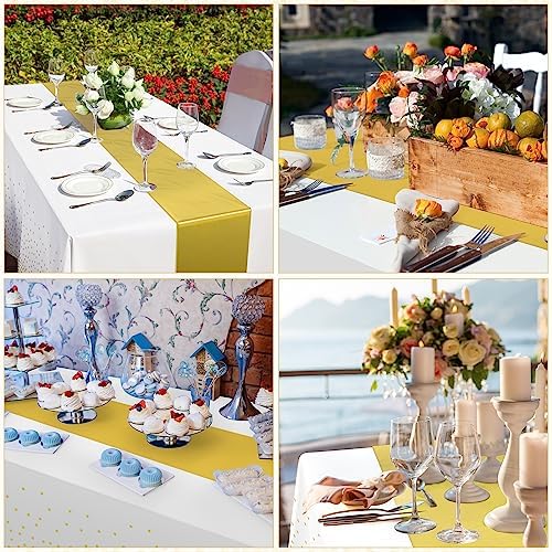 12 Pack White and Gold Tablecloth and Table Runner Set Party Decorations, White and Yellow Gold Plastic Disposable Tablecloth and Satin Table Runner for Wedding Birthday Graduation Anniversary Party - Image 6