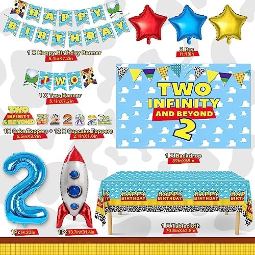 Two Infinity and Beyond Birthday Decorations - 105 Pcs Toy Inspired Story 2nd Birthday Party Supplies Include Banner, Balloons, Backdrop Film, Balloon Cake Topper, Tablecloth - Image 3
