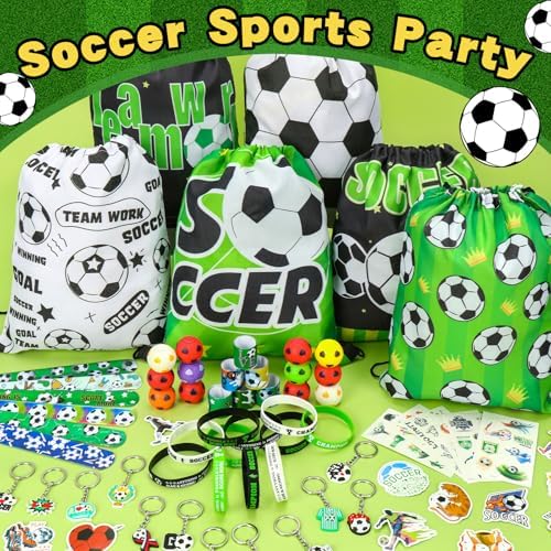 122Pcs Soccer Party Favors Drawstring Bags Including Silicone and Slap bracelets, Keychains, Tattoo Stickers,Mini Ball for Soccer Themed Party Supplies - Image 6