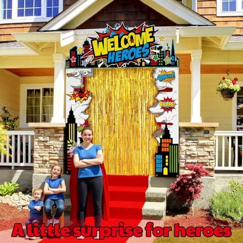 VitalCozy 7 Pcs Hero Party Backdrop Banner Gold Fringe Curtain Decor - Image 6