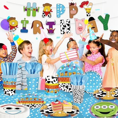 171pcs Toy Birthday Party Supplies Include Paper Plates Napkins Cups Banner - Image 4