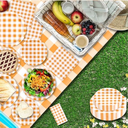 180Pcs Orange Gingham Party Supplies Paper Plates and Napkins Serve 60 - Image 4