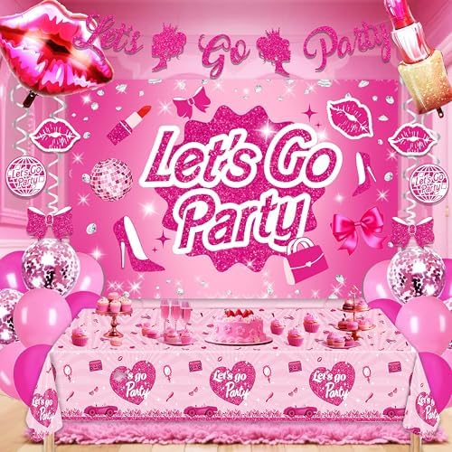 Hot Pink Party Decorations For Girls,Banner,Pink Balloons,Tablecloth,Paper pom poms Party Supplies for Women by Jenlion