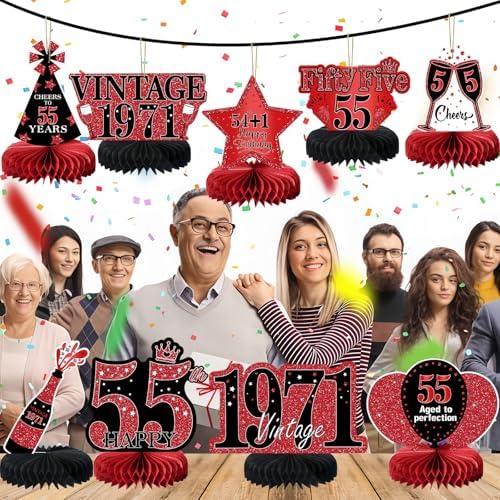 9Pcs 55th Birthday Decorations Red and Black 55th Birthday Party Decorations for Women,Happy 55 Years Vintage 1971 Aged Honeycomb Centerpieces Table Sign Decor Supplies - Image 6