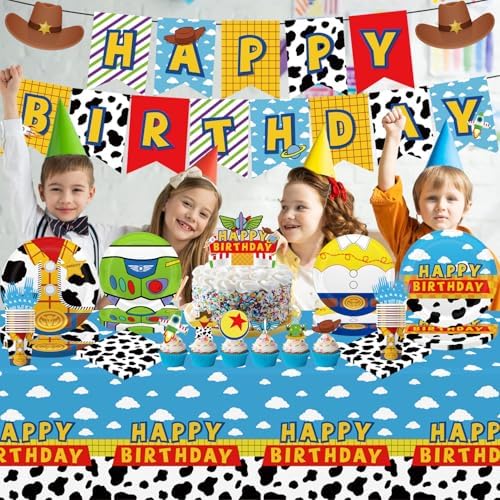 Story Birthday Party Decorations 130pcs for 20 Guests,Include 1 Banner, 12 Cupcake Topper, 1 Cake Topper,40 Paper Plates,20 Napkins,20 Paper Cups,2 Plastic Tablecloth,20 Forks,14 Latex Balloons - Image 3