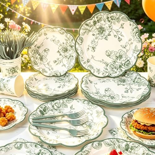 120Pcs Sage Green Floral Plates and Napkins Set for Wedding Bridal Shower - Image 5