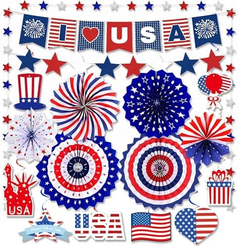 Red White Blue Party Decoration, USA Veterans Day Banner Paper Fans by Unknown