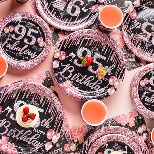 250PCS 95th Birthday Party Decorations for 50 Guests Black and Rose Gold Party Supplies for Women Include Disposable Paper Plates, Napkins, Cups, and Disposable Plastic Cutlery (95) - Image 5