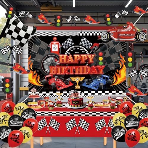 Happy Birthday Decorations For Women Men,Birthday Backdrop,Banner Balloons,Table Cloth,Paper pom poms Party Supplies for Girls Boys (Race car) by Jenlion