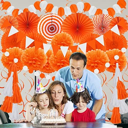 ZERODECO Party Decorations, 41 Pcs Orange Papar Fans Pompoms Garlands String Tissue Paper Tassel for Halloween New Years Spring Festival Wedding Birthday Party - Image 7