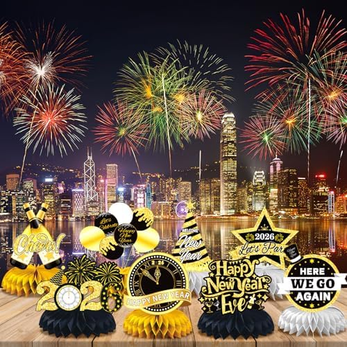 JULMELON 8PCS Happy New Year 2026 Decorations, Honeycomb Centerpieces - Image 5