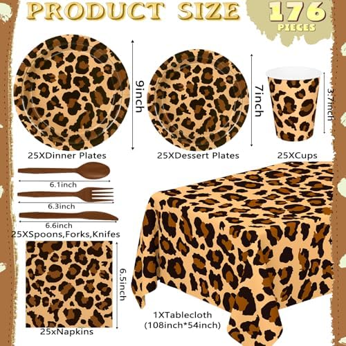 WNINK 176 Pcs Cheetah Print Plates And Napkins Party Supplies, leopard Print Birthday Decorations Tableware, Plate, Cup, Napkin, Safari Animal Leopard Theme Birthday Baby Shower Party Supplies - Image 2
