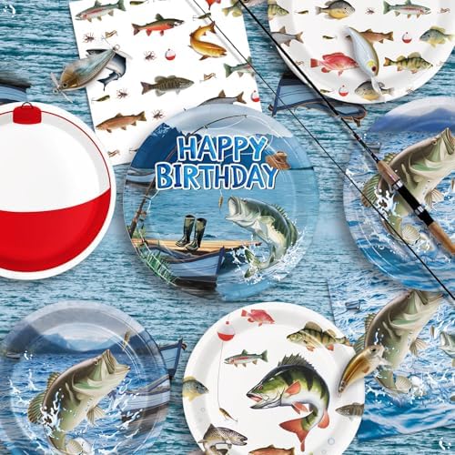 Fishing Birthday Party Decorations - Plates, Napkins, Cups, Cutlery, Honeycomb Centerpieces, Banner, Hanging Swirls, Tablecloths, Toppers, Balloons for Ofishally One Birthday Decorations, Serves 24 - Image 4
