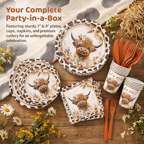 120PCS Boho Highland Cow Party Supplies for Boys girls Holy Cow Highland Themed Baby Shower Birthday Party Decorations Tableware Set Plates Napkins Cups Set for 20 Guests - Image 7