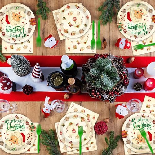 Qyeahkj 100 Pcs Christmas Xmas Party Paper Plates and Napkins, Vintage Holiday Party Supplies Birthday Party Tableware Set Table Decorations Favors with Forks for Girls Boys Kids Serve 25 - Image 5