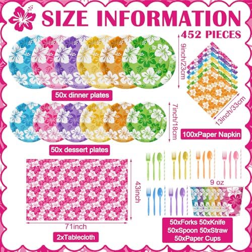 Vesici 452 Pcs Hawaiian Luau Party Decorations Tableware Set, Serves 50 - Image 3