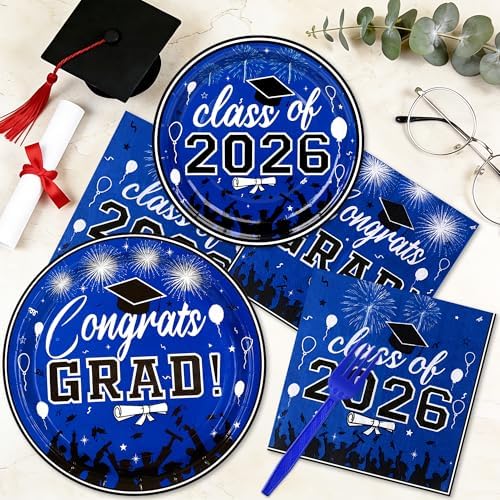 100 Pcs Graduation Plates and Napkins, 2026 Blue Graduation Disposable Plates and Napkins Party Supplies Set Serves 25, Blue Disposable Dinnerware Set for 2026 Decorations Grad Party - Image 4