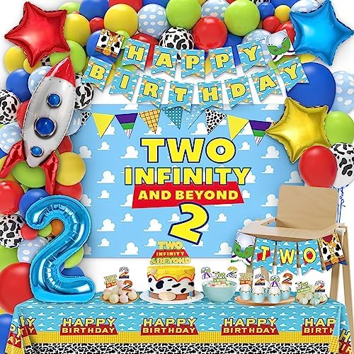 Two Infinity and Beyond Birthday Decorations - 105 Pcs Toy Inspired Story 2nd Birthday Party Supplies Include Banner, Balloons, Backdrop Film, Balloon Cake Topper, Tablecloth by Miucat
