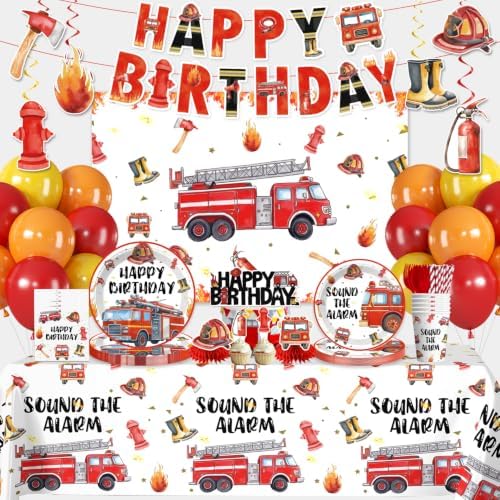 206Pcs cocomigo Firetruck Birthday Decorations Tableware Set, 25 Serves by cocomigoPartyHome