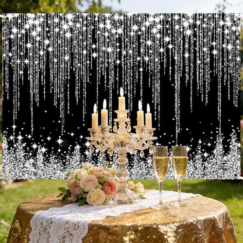Silver Black Glitter Wall Backdrop 10x6 FT Silver Spots Backdrops for Photoshoot Girls Birthday Photography Background for Wedding Baby Shower Party Decorations Banners Photo Studio Props - Image 5