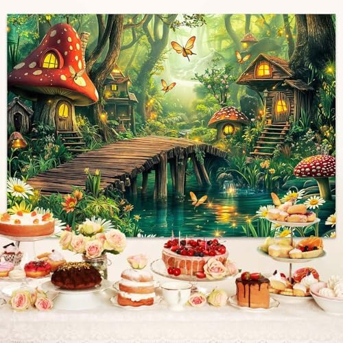 Spring Enchanted Forest Backdrop Green Fairy Tale Mushroom House Wonderland Jungle Photography Background Baby Shower Birthday Party Decorations Banner Photo Booth Props 5X3FT - Image 4