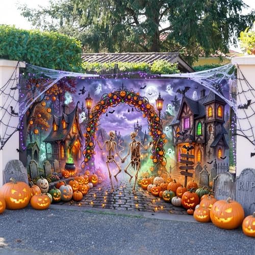 Halloween Garage Door Cover 8x7ft Dancing Skeleton Pumpkin Arch Ghost Decor - Image 5