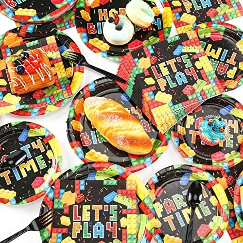 100 Pcs Building Block Party Supplies Building Block Party Plates Napkins Tableware Building Block Party Decoration Favor for Building Block Party Birthday Party (Building Block Party Style) - Image 6