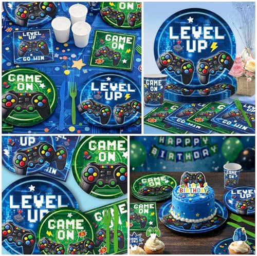 196 Pcs Video Game Party Decorations (Serves 24), gaming party decorations Include Banner Hanging Plates Napkins Cups Forks Knifes Tablecloth Topper Balloons for Boy Party - Image 5