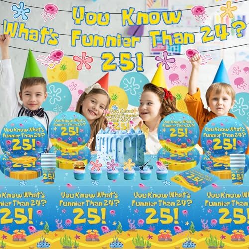 Blue Ocean Birthday Party Decorations Tableware 104Pcs Whats Funnier Than 24 25 Birthday Supplies Include Banner Balloons Plates Napkins Cups Tablecloth Cupcake Toppers and Cake Topper - Image 4