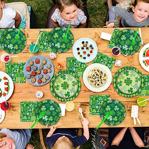 Wiooffen 96 Pcs St. Patrick’s Day Tableware Set Lucky Green Shamrock Plates Irish Festival Party Plates St. Patrick’s Day Plates and Napkins Paper Plates Napkins Forks for 24 Guests - Image 5