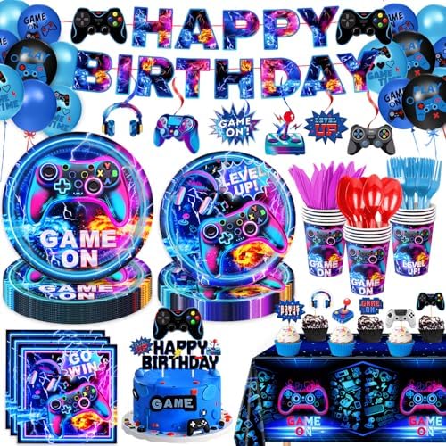 LINHAXM Video Game Birthday Decorations Includes Plates, Napkins, Cups, Cutlery, Cake & Cupcake Toppers, Banner, Hanging Swirls, Tablecloth, Balloons for Gamer Birthday Party Decorations, Serve 20 by LINHAXM