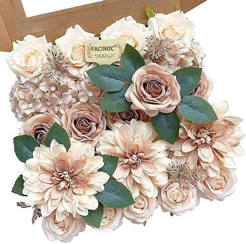 FACINOC Roses Artificial Flowers Taupe Beige Bouquets Fake Flower Box Set by FACINOC