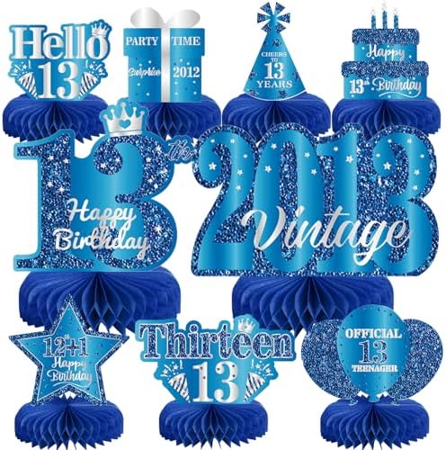 9Pcs 13th Birthday Decorations Blue Silver 13th Birthday Party Decorations for Teens Boys Girls,Happy 13 Years Birthday Honeycomb Centerpieces Table Sign Decor Supplies by MOORAY