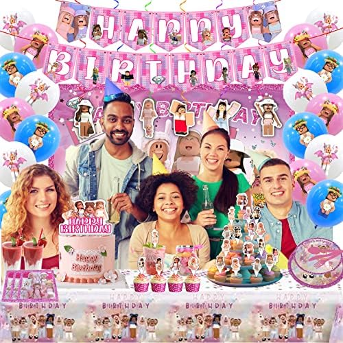 Birthday Party Supplies - Theme Children's Party Decorations Included Happy Birthday Banner, Backdrop, Hanging Swirls, Tablecloth, Cupcake Cake Toppers, Plates, Tableware, Napkins, Balloons - Image 5