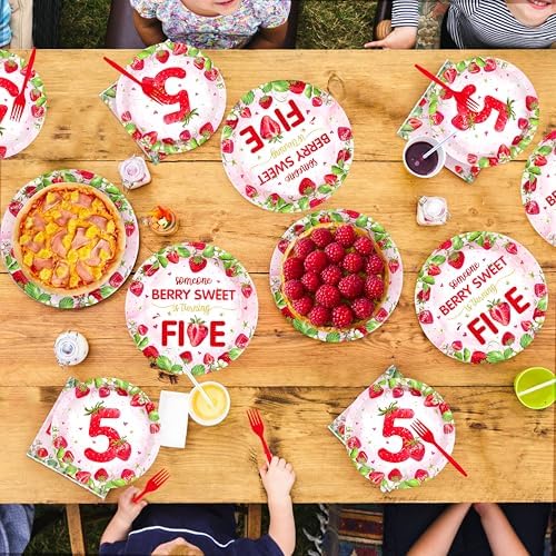 Greencian 96Pcs Strawberry 5th Birthday Party Decorations Serves 24 - Image 7