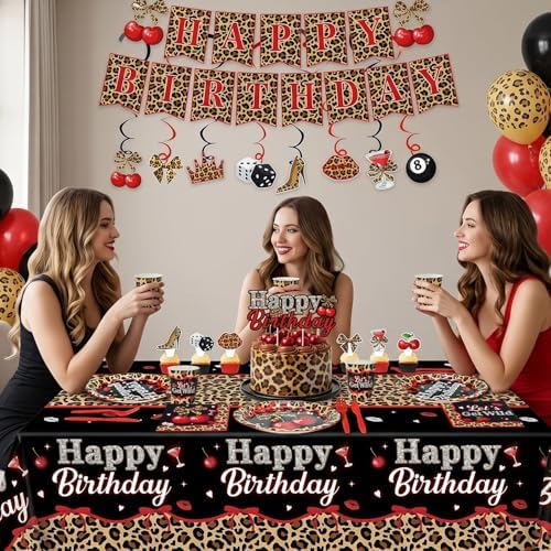 Kinovo 206 pcs Cheetah Print Birthday Decorations-Serves 24, Red Black Cherry Leopard Party Supplies Y2K with Plates Napkins Tablecloth Banner Balloons Cake Topper for Womens - Image 3