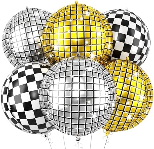 6pcs 22 Inch Gold Disco Ball Balloons, Silver Big Disco Balloons, Black White 4d Large Foil Balloon For Birthday Baby Shower Car Theme Party Wedding Engagement Celebration Graduation Decorations by Paready
