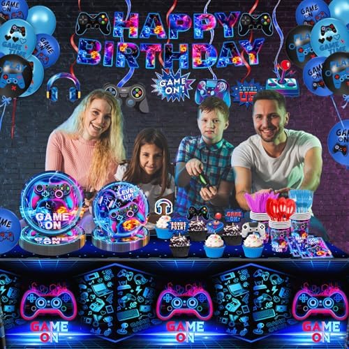 LINHAXM Video Game Birthday Decorations Includes Plates, Napkins, Cups, Cutlery, Cake & Cupcake Toppers, Banner, Hanging Swirls, Tablecloth, Balloons for Gamer Birthday Party Decorations, Serve 20 - Image 6