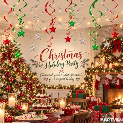 30 Pcs Red Green Silver Hanging Swirl Decorations Foil Ceiling Streamers - Image 2