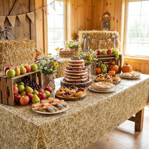 NatNarr 3 Pack Straw Plastic Tablecloths, Disposable Farm Hay Tablecloth - Image 3