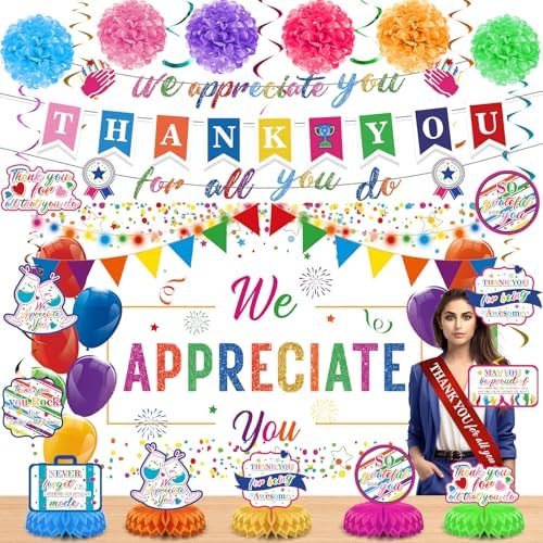 We Appreciate You Decorations Colorful Thank You for All You Do Banner Honeycomb Centerpieces Hanging Swirls for Employee Appreciation Gifts Pastor Teacher Doctor Labor Day Retirement Party Decor by Wayyogh