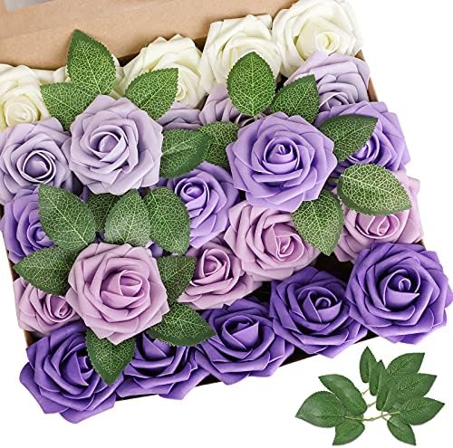 AmyHomie Purple Rose 25pcs Real Looking Artificial Flowers w/Stem by AmyHomie