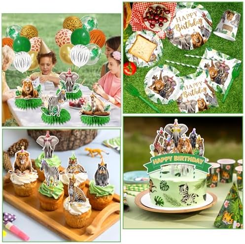 Safari Themed Party Decorations Tableware,198pcs Jungle Plates and Napkins for Party,animal Birthday Party Tablecloth Cups Cake Toppers Balloons for Zoo Party Decorations - Image 5